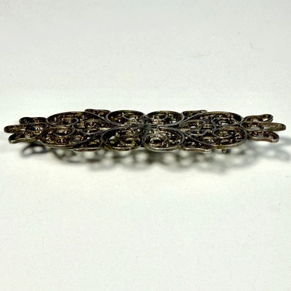 Antique Art Nouveau Filigree Brooch Silver Tone Ornate Open Scroll C Clasp 3